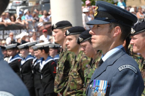 Royal Navy, British Army and Royal Air Force troops line up on the Parade Ground in Cardiff for Armed Forces Day 2010