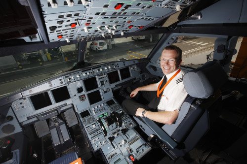 Peter Hale left the Royal Artillery and studied to obtain his commercial pilots licence. Pictured at Luton Airport where Easyjet have their head office.