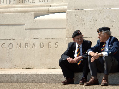 Veterans taking part in the 60th anniversary of WWII, chat by the Guards memorial near St James's Park, London.