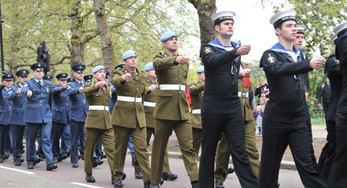 Members of all three services are pictured during the Operation Ellamy Parade in London on the 24th April 2012.