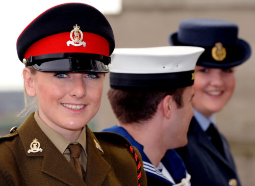 From left, an Army soldier, a Royal Navy sailor and a Royal Air Force servicewoman