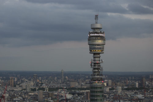 The BT Tower displays the message "Armed Forces Day 2015" and "Saluteourforces"