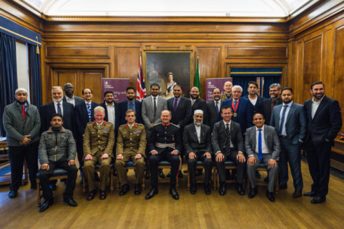 Local businesses who have signed the Armed Forces Covenant. Commander of 7th Infantry Brigade, Brigadier Charlie Collins. Centre, Lord-Lieutenant Sir John Peace, Dr Musharraf Hussain Chief Imam and Mark Lancaster, Minister for Defence Veterans, Reserves and Personnel on the front row.