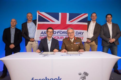 Lieutenant General Richard Nugee, Chief of Defence People and Steve Hatch, Director UK and Ireland Facebook sign the Armed Forces Covenant. 